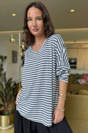 Made in Italy Perfect Breton V Long Sleeve Top Dark Grey - ** 